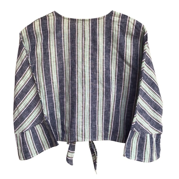 For Cynthia Striped Linen Blend Tie Front Bell Sleeve Crop Shirt - Picture 2 of 9